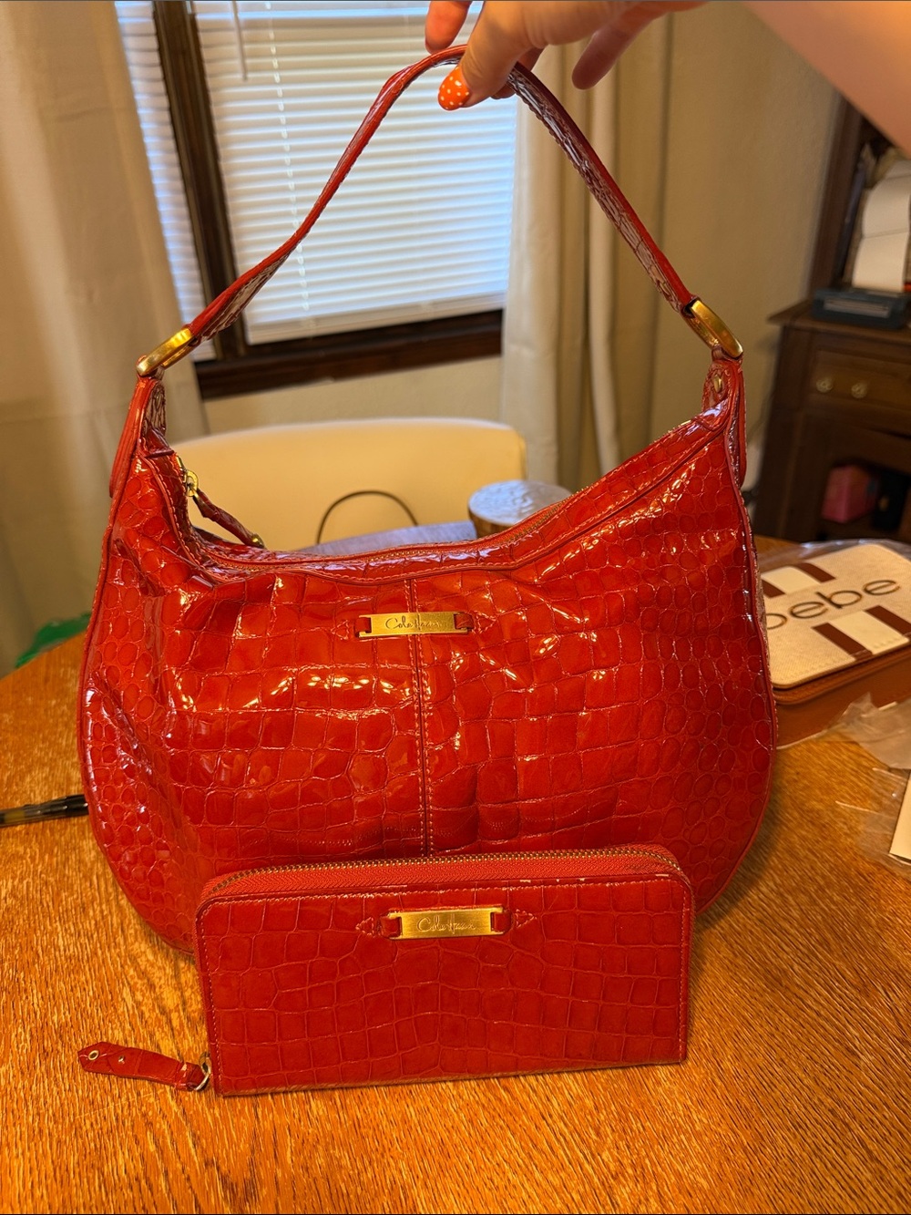 Cole Haan Red Croc-Embossed Shoulder Bag with Matching Wallet